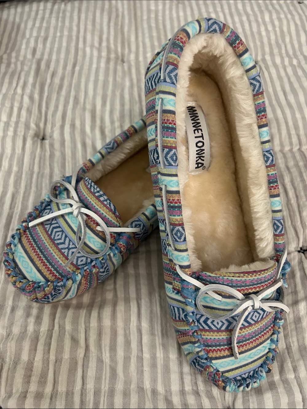 Minnetonka Blue Multi Aztec Pattern Faux-Fur Lined Moccasins